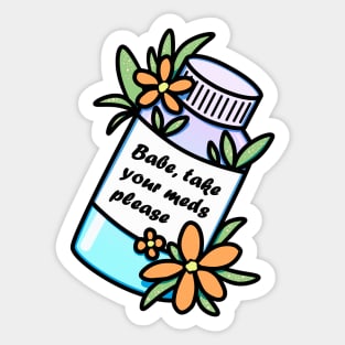 Medicine bottle with reminder and orange flowers Sticker